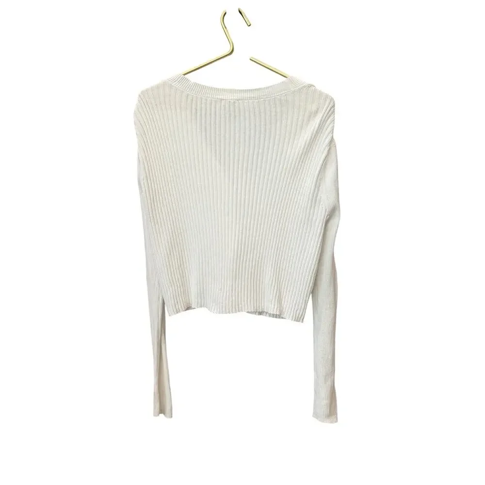 Cabi Snapshot Cardigan M White Cropped Ribbed Knit Snap V Neck Sweater 6173